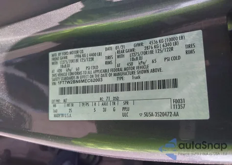 2021 Ford F-250 Xlt z USA, uszkodzony, nr VIN 1FT7W2BN6MEC62003